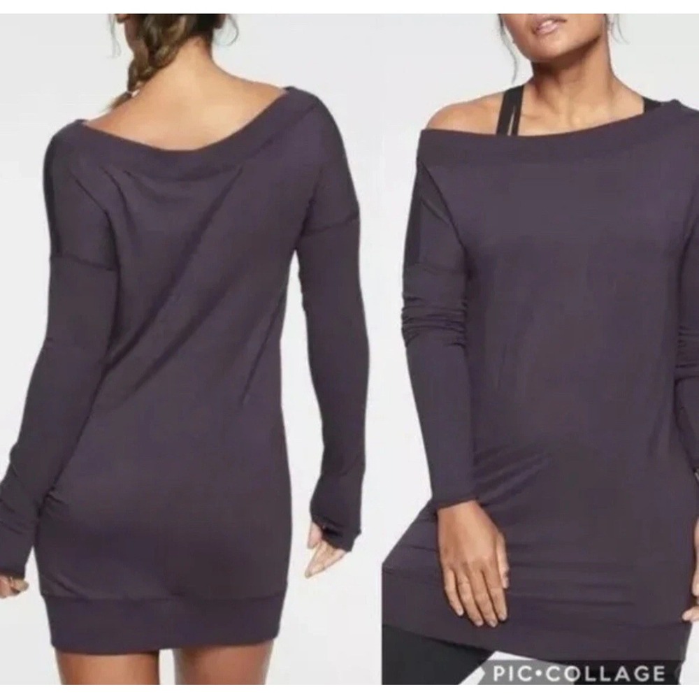 Athleta Tunic Sweatshirt Mini Dress Womens M Purple Thumbholes Atleisure Sporty‎